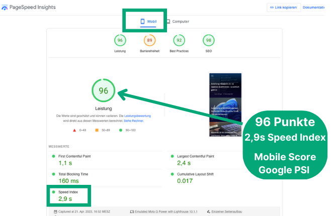 Mobile Page Speed optimieren PSI Core Web Vitals Score 96 - Testimonial - vorher - Webdesign Agentur - Relevantastic - Content Marketing Strategie - Mart-Jan Knoche SEO SEA Hamburg 01c - heute