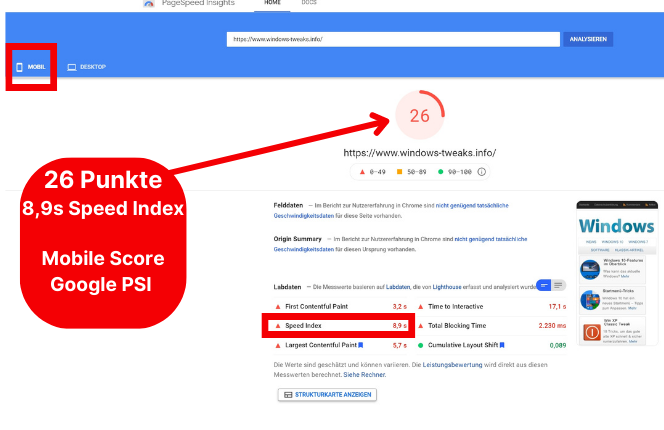 Mobile Page Speed optimieren PSI Core Web Vitals Testimonial - vorher - Webdesign Agentur - Relevantastic - Mart-Jan Knoche SEO SEA Hamburg
